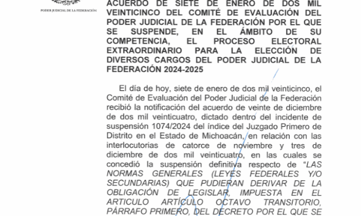 Suspende Comité de Evaluación del PJF proceso electoral extraordinario del 1 de junio